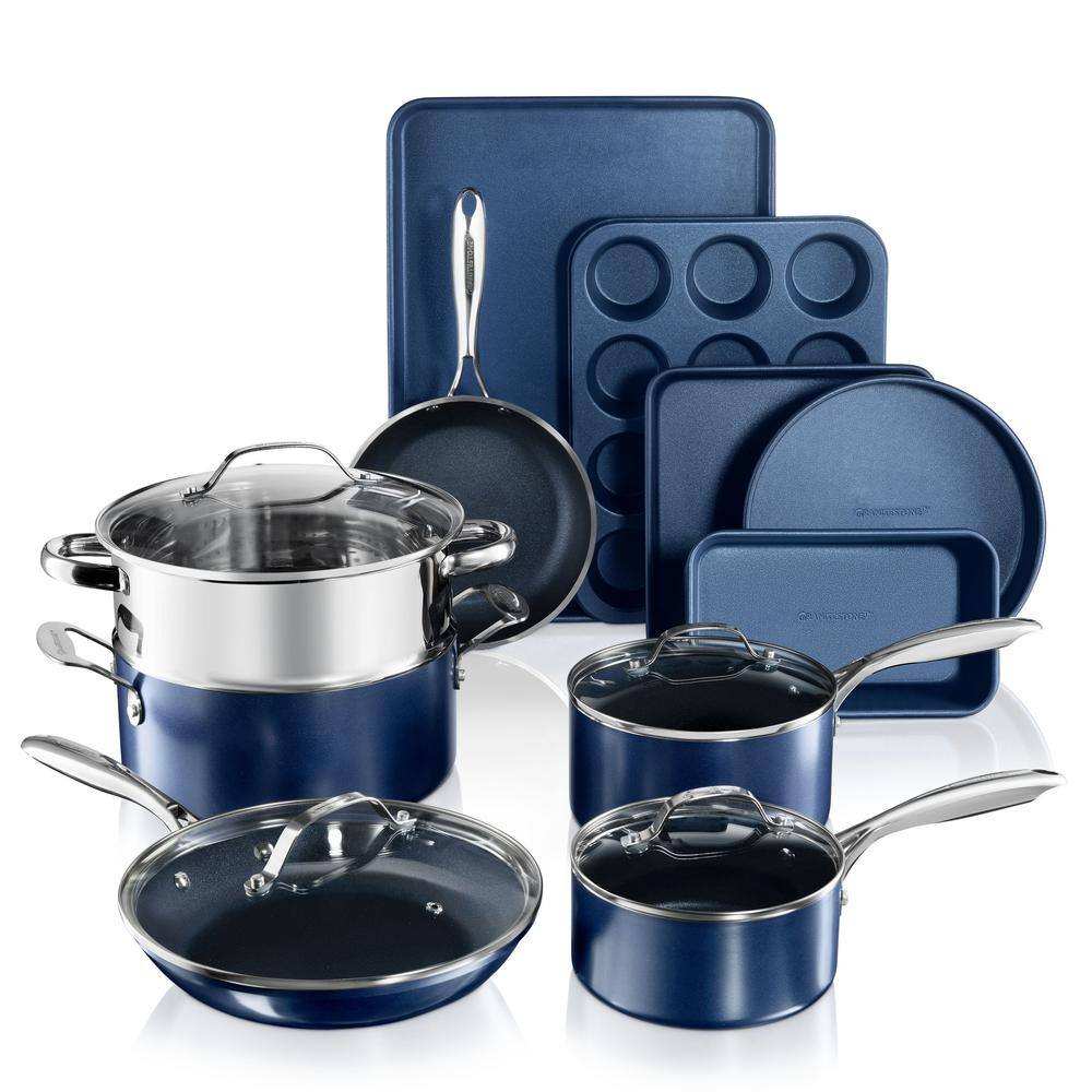 GRANITESTONE Classic Blue 15-Piece Aluminum Ultra-Durable Non-Stick Diamond Infused Cookware and Bakeware Set 7522