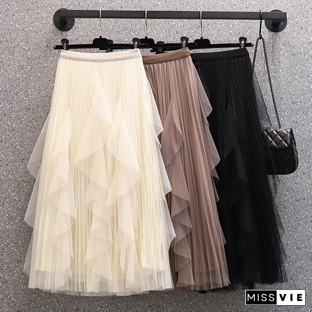 Skirts Design Ruffle Mesh Simple Skirts Women Loose Causal A Line Mujer Skirts Korean Fashion Office Style New