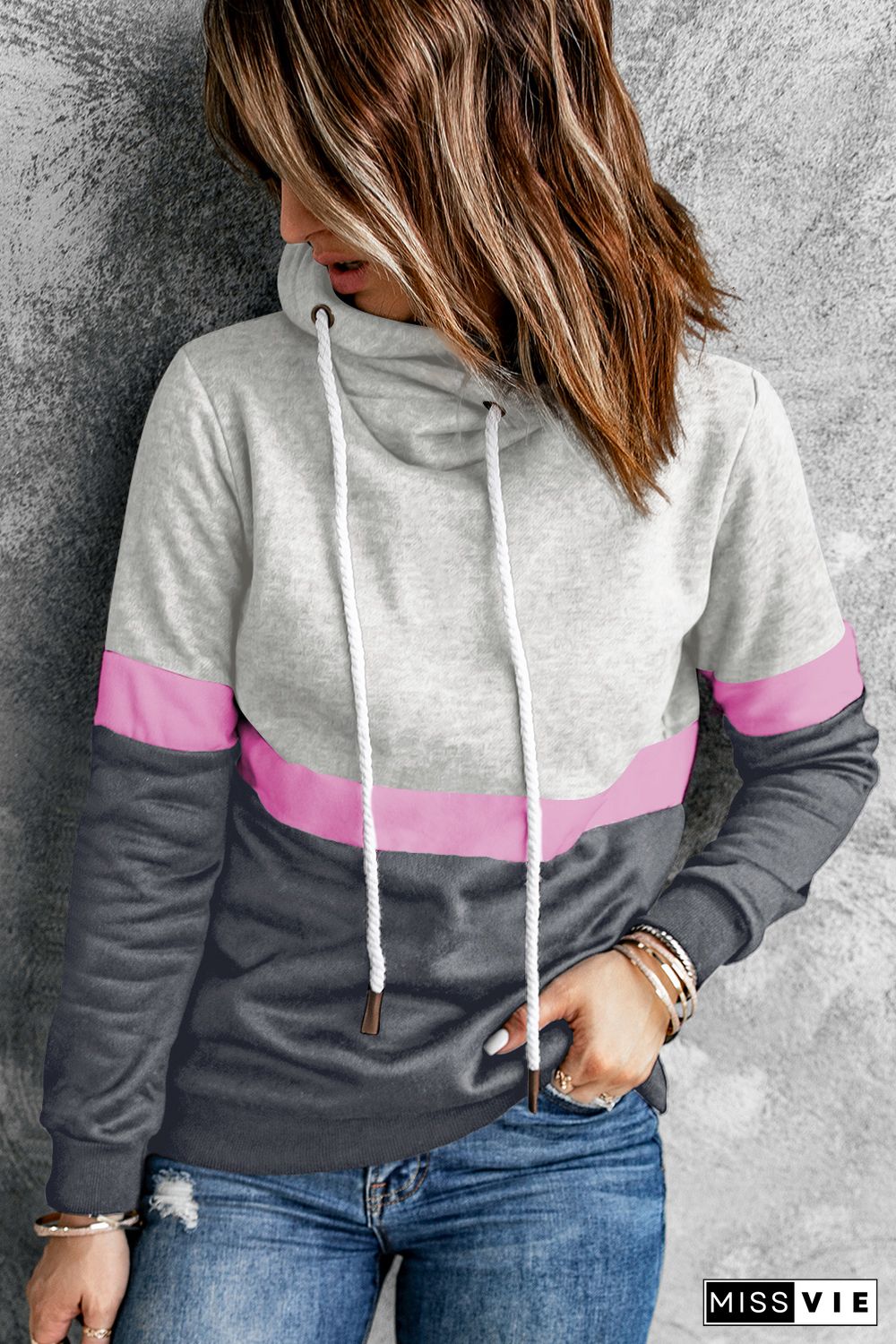 Gray Drawstring Cowl Neck Colorblock Hoodie