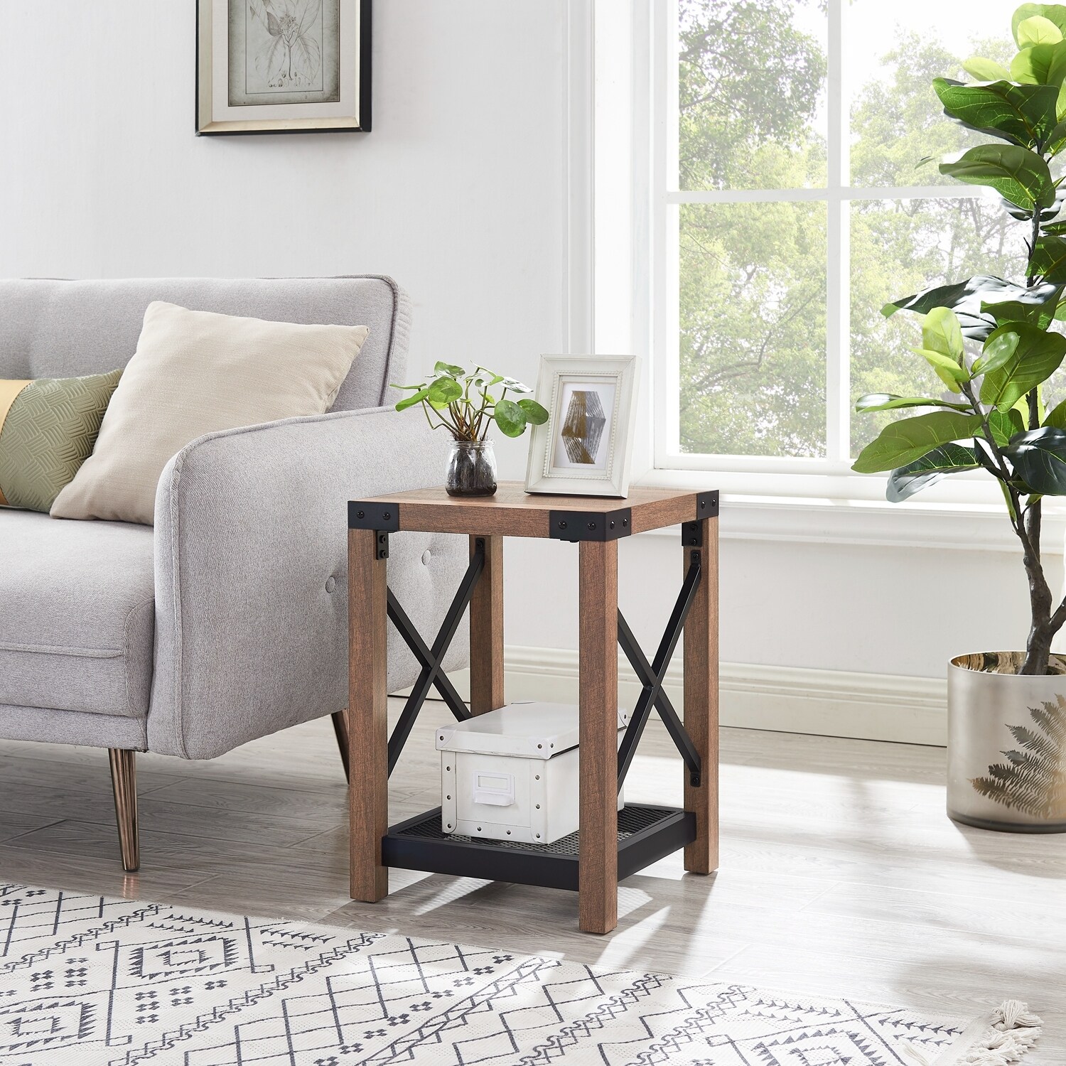 Farmhouse Wood Side Table with Mesh Shelf