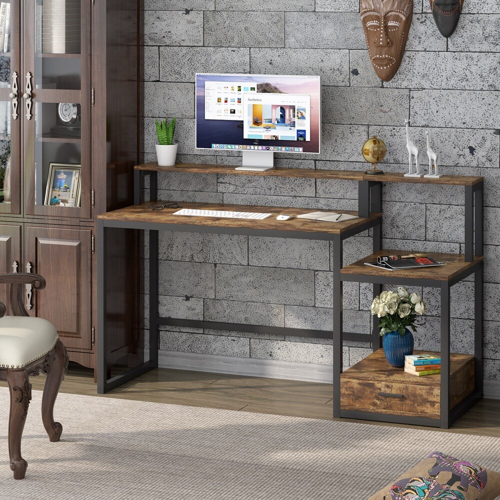 59 Inches Computer Desk with File Drawer and Storage Shelves