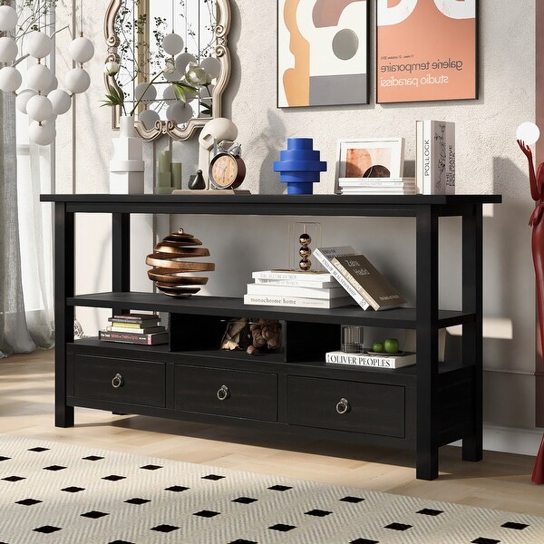 Rustic Solid Wood Console Table with 3 Drawers and 2 Shelves