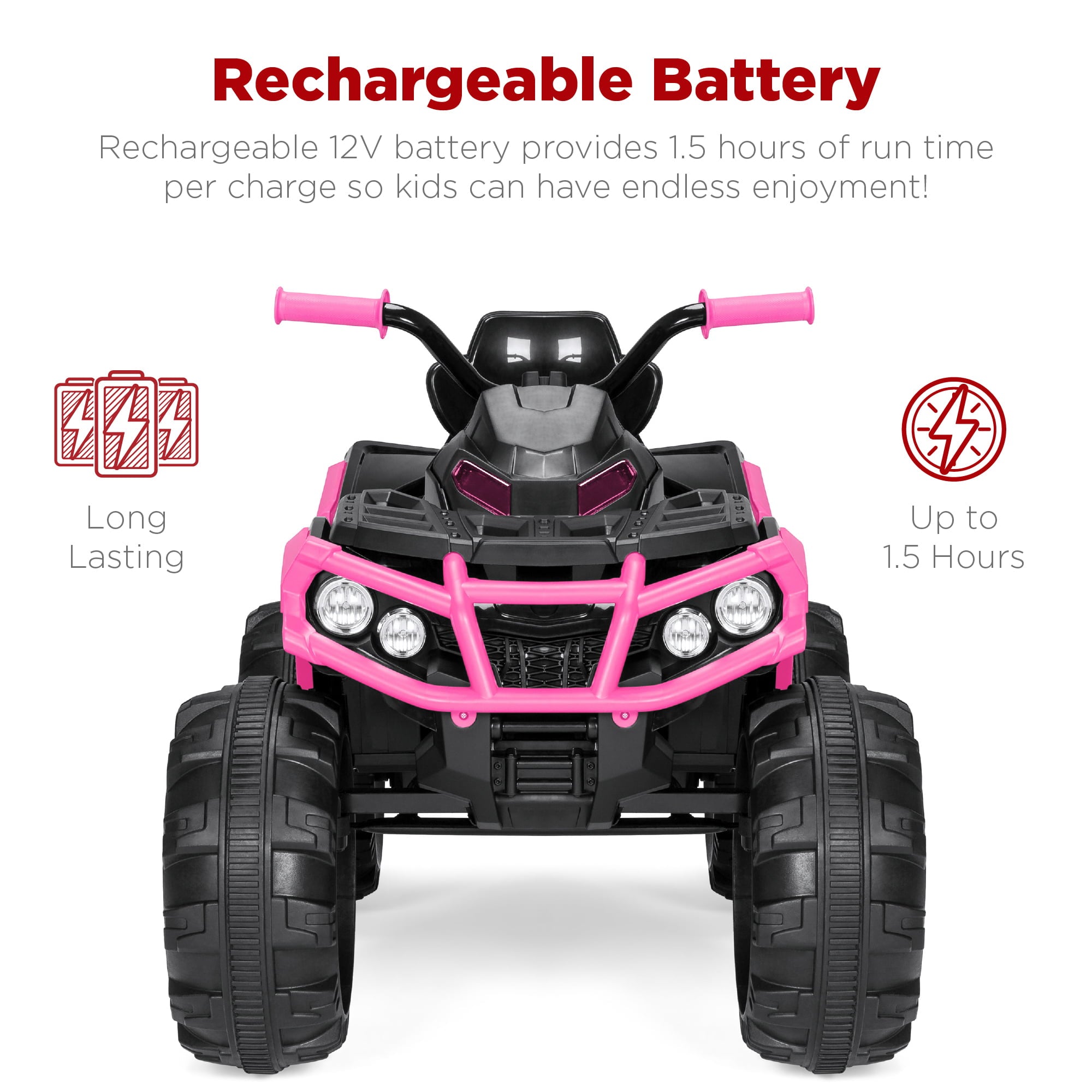 Best Choice Products 12V Kids Ride-On ATV Quad w/ Bluetooth, 3.7mph Max, Treaded Tires, LED Lights, Radio - Pink