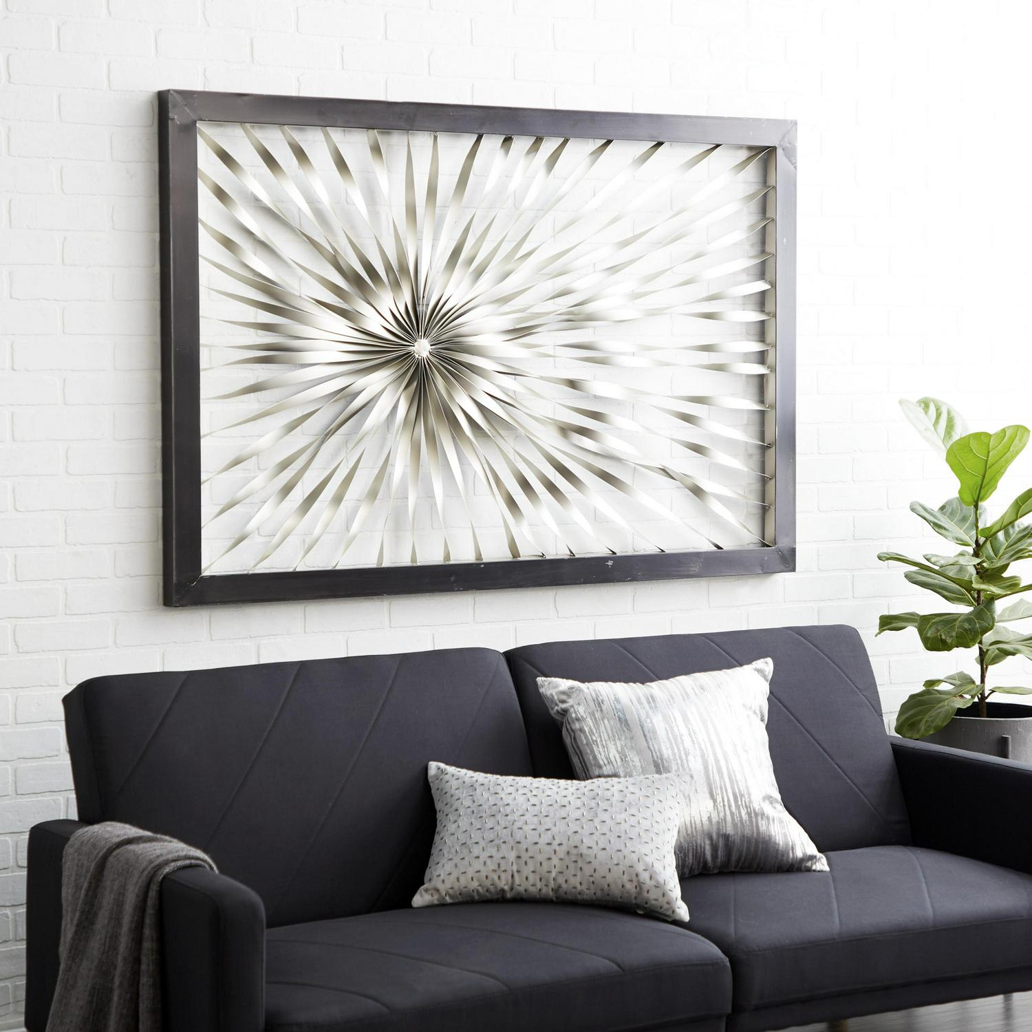 DecMode Silver Metal Coiled Ribbon Sunburst Wall Decor with Black Frame