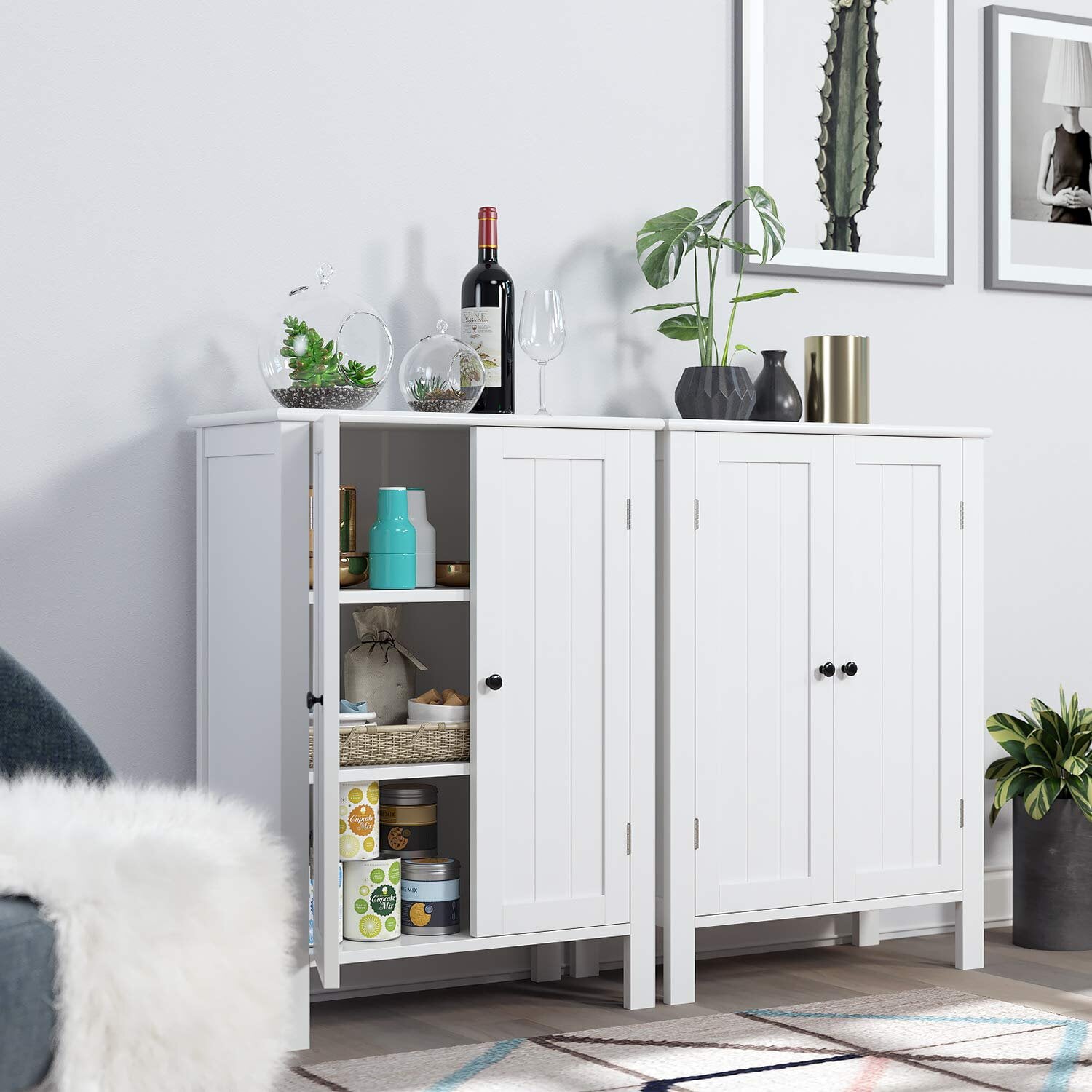 Homfa Bathroom Storage Floor Cabinet, Freestanding White Cabinet with Doors and Shelves