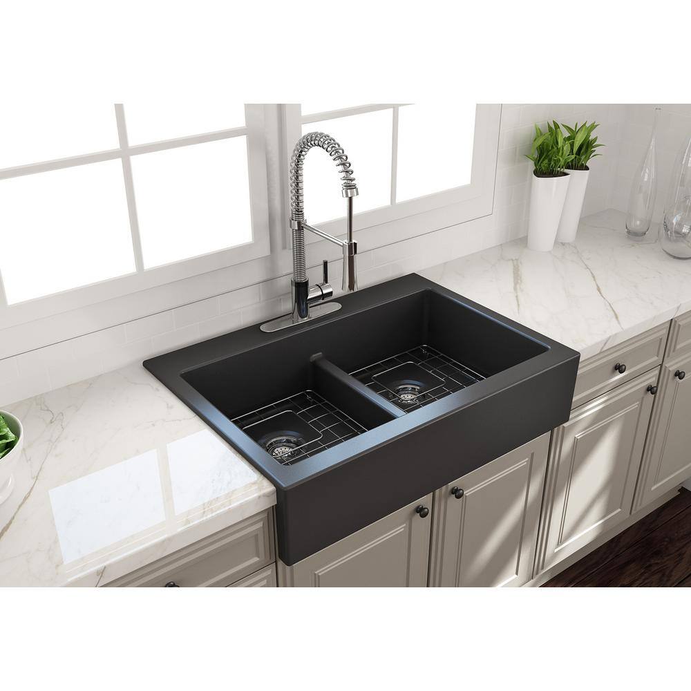 BOCCHI Nuova Matte Dark Gray Fireclay 34 in. Double Bowl Drop-In Apron Front Kitchen Sink with Protective Grids and Strainers 1501-020-0127