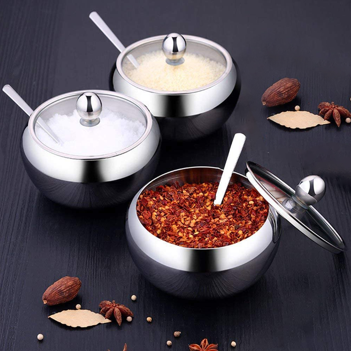 Spice Tools Stainless Steel Sugar Bowl With Clear Glass Lid - For Better Recognition And Spoon For Home And Kitchen Drum Shade 16.9oz-1PACK