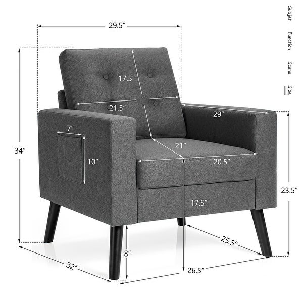 Modern Accent Armchair Upholstered Single Sofa Chair w/ 2-Side Pockets - See Details