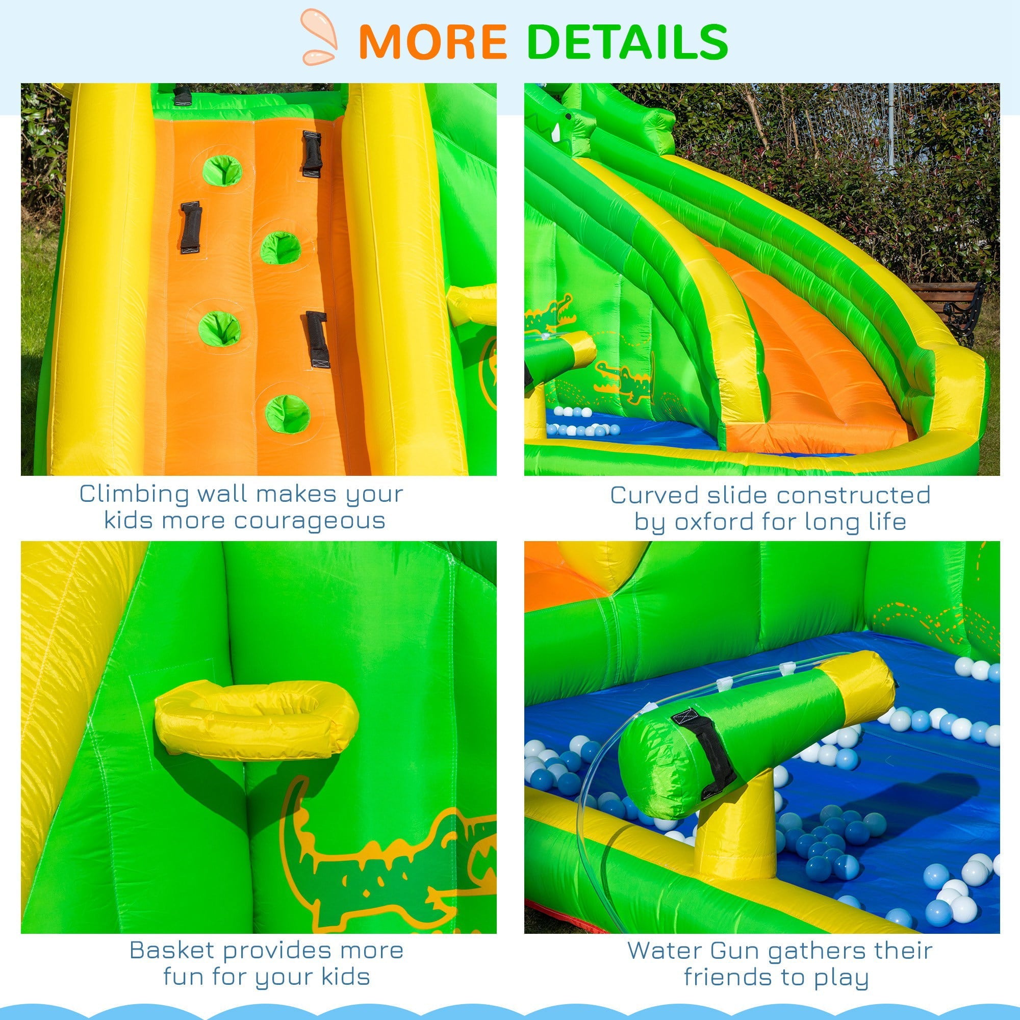 Outsunny 5 in 1 Inflatable Water Slide, Crocodile Style Water Park Bounce House Castle with Slide, Pool, Hoop, Water Cannon, Climbing Wall, Include Air Blower