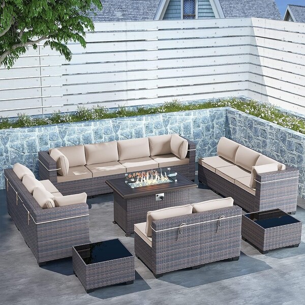 Outdoor Sectional Conversation Sofa Set with Firepit Coffee Table Cushions