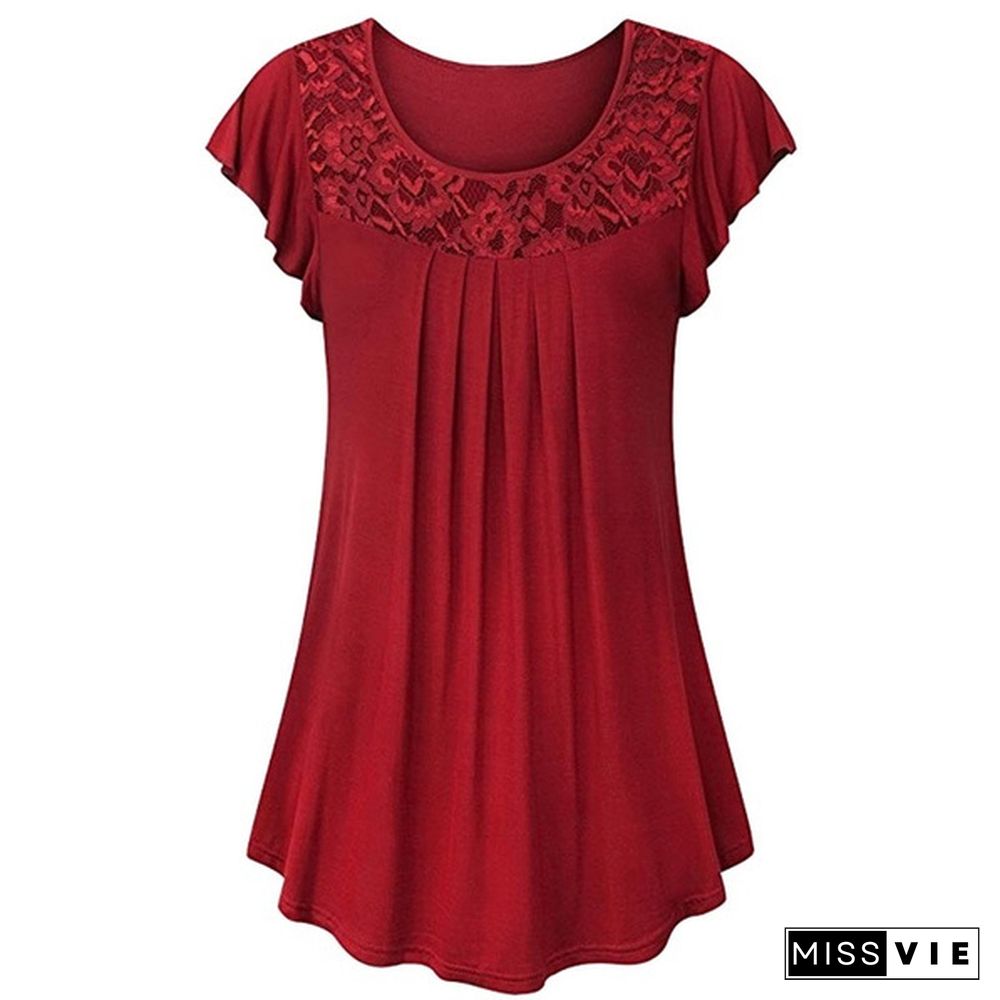 XS-8XL Plus Size Fashion Summer Clothes Womens Tops Loose Lace Stitching Pleated Blouses Ladies Casual Solid Color Short Sleeve Plus Size Cotton T-shirts