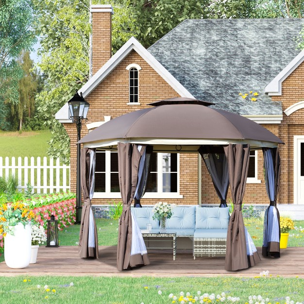 Outsunny 12 x27 X 12 x27 Round Outdoor Gazebo Patio Dome Gazebo Canopy Shelter With Double Roof Netting Sidewalls And Curtains Zippered Doors Strong Steel Frame