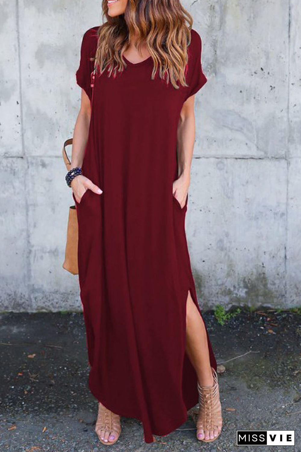 Solid Side Slit Pocket Maxi Dress