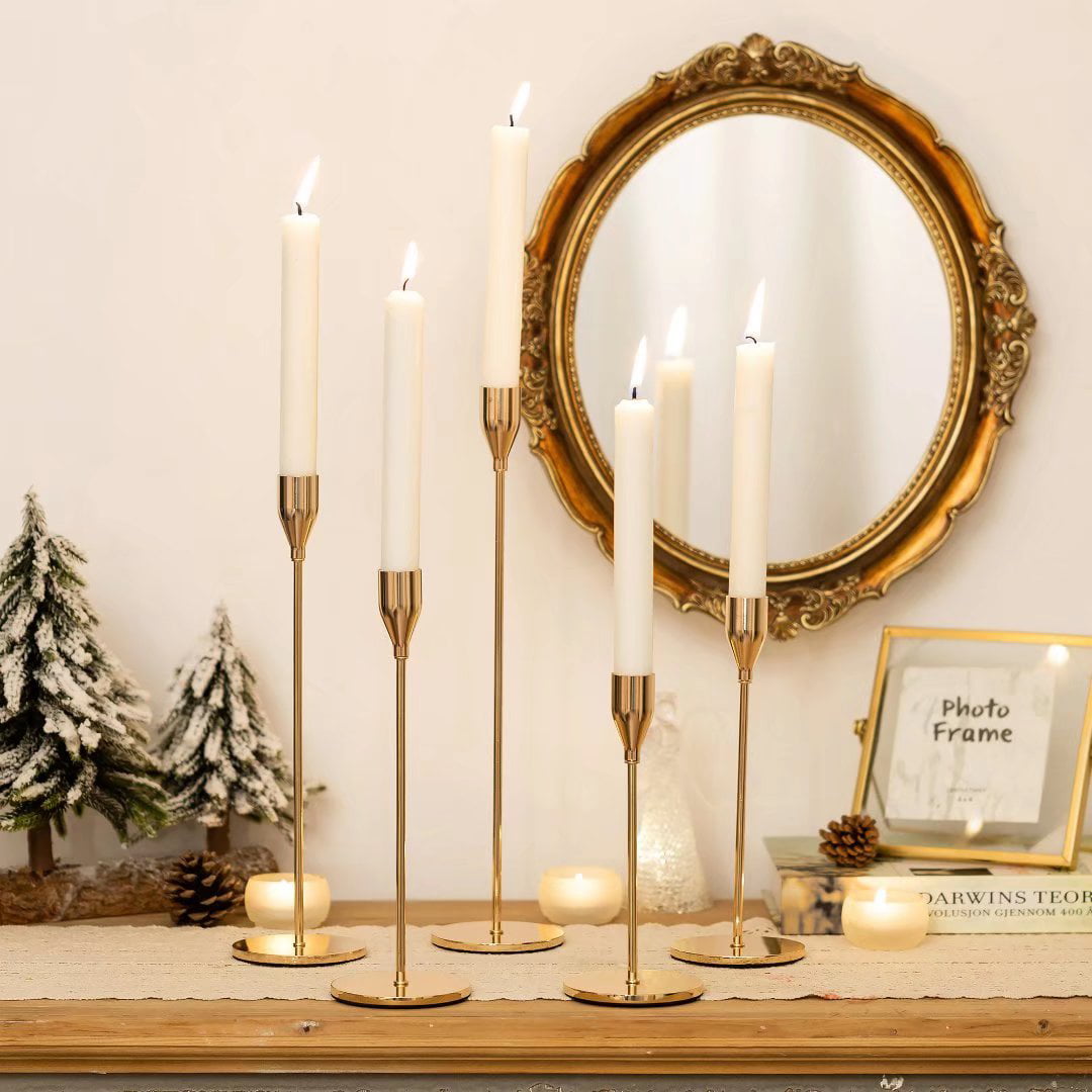 Nuptio Gold Candlestick Holders for Taper Candle Set of 5 Tall Metal Candle Holder Bundle