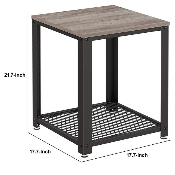 22 Inches Square Wood Top End Side Table， Open Wire Bottom Shelf， Gray， Black