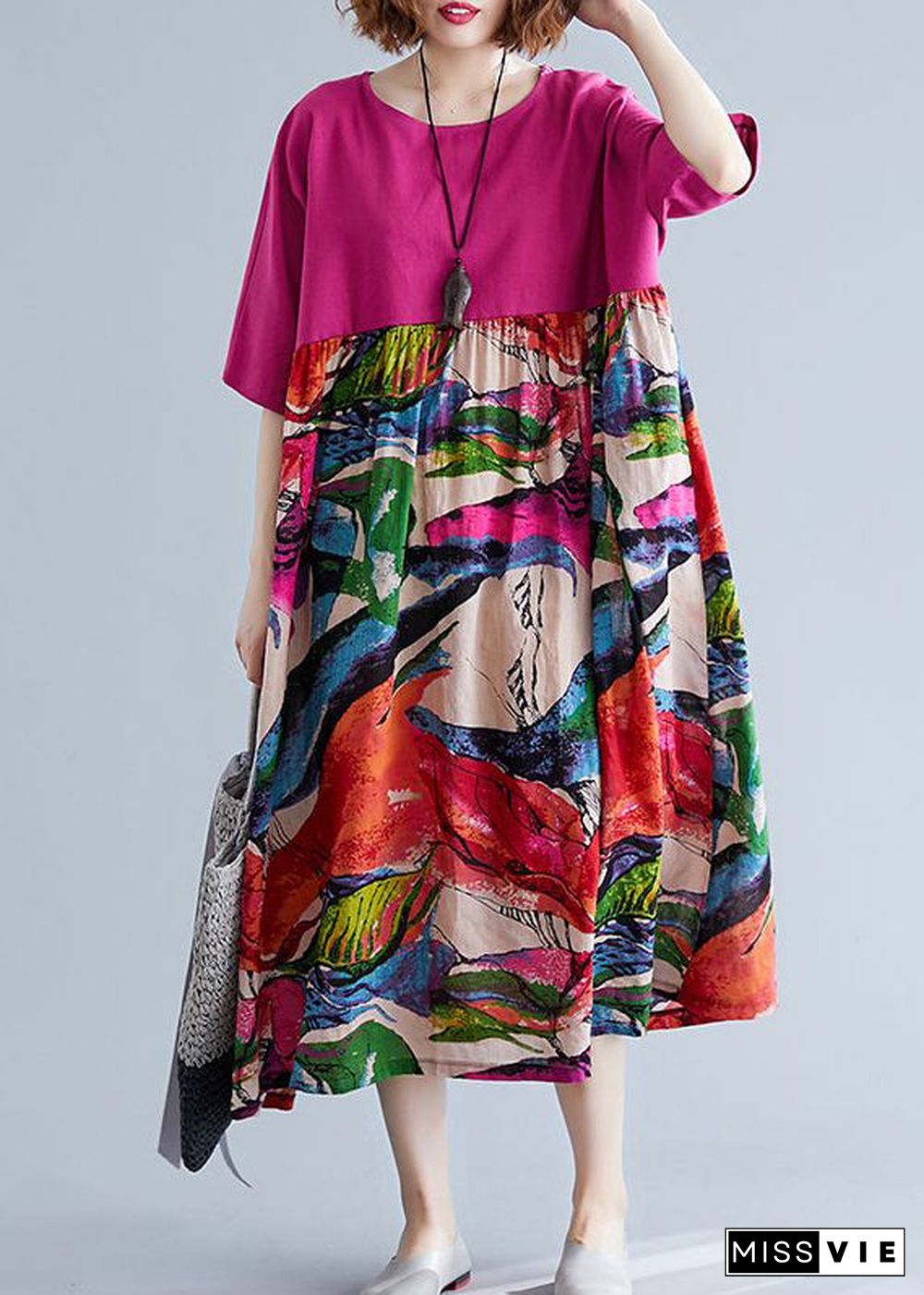 Boutique Rose Oversized Patchwork Print Cotton Maxi Dresses Half Sleeve