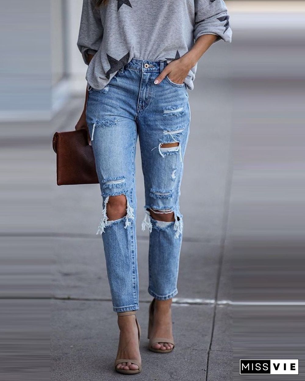 Ripped Cutout High Waist Button Design Jeans