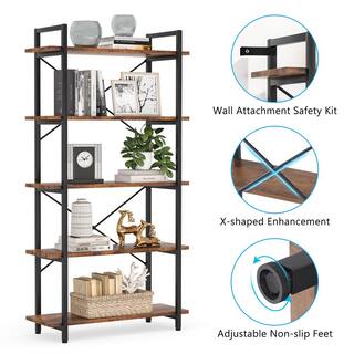 TRIBESIGNS WAY TO ORIGIN Clinz 63 in. Brown Wood 5-Tier Vintage Bookcase Extra Tall Bookshelf with Storage Shelves ZHD-U0029