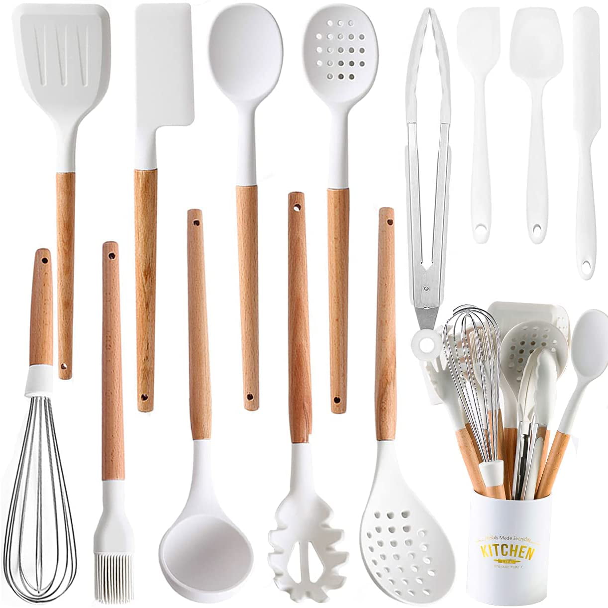 14pcs Kitchen Silicone Cooking Utensils Set,Non-Stick,Wooden Handle,White