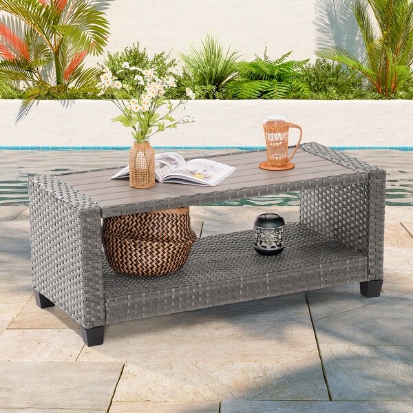 BONOSUKI Outdoor PE Rattan Side Table，Rectangular Coffee HIPS Tabletop