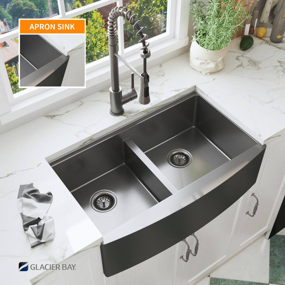 Glacier Bay 33 in. Gunmetal Black Stainless Steel Double Bowl Farmhouse Workstation Kitchen Sink with Black Spring Neck Faucet ACS3322A2Q-FW