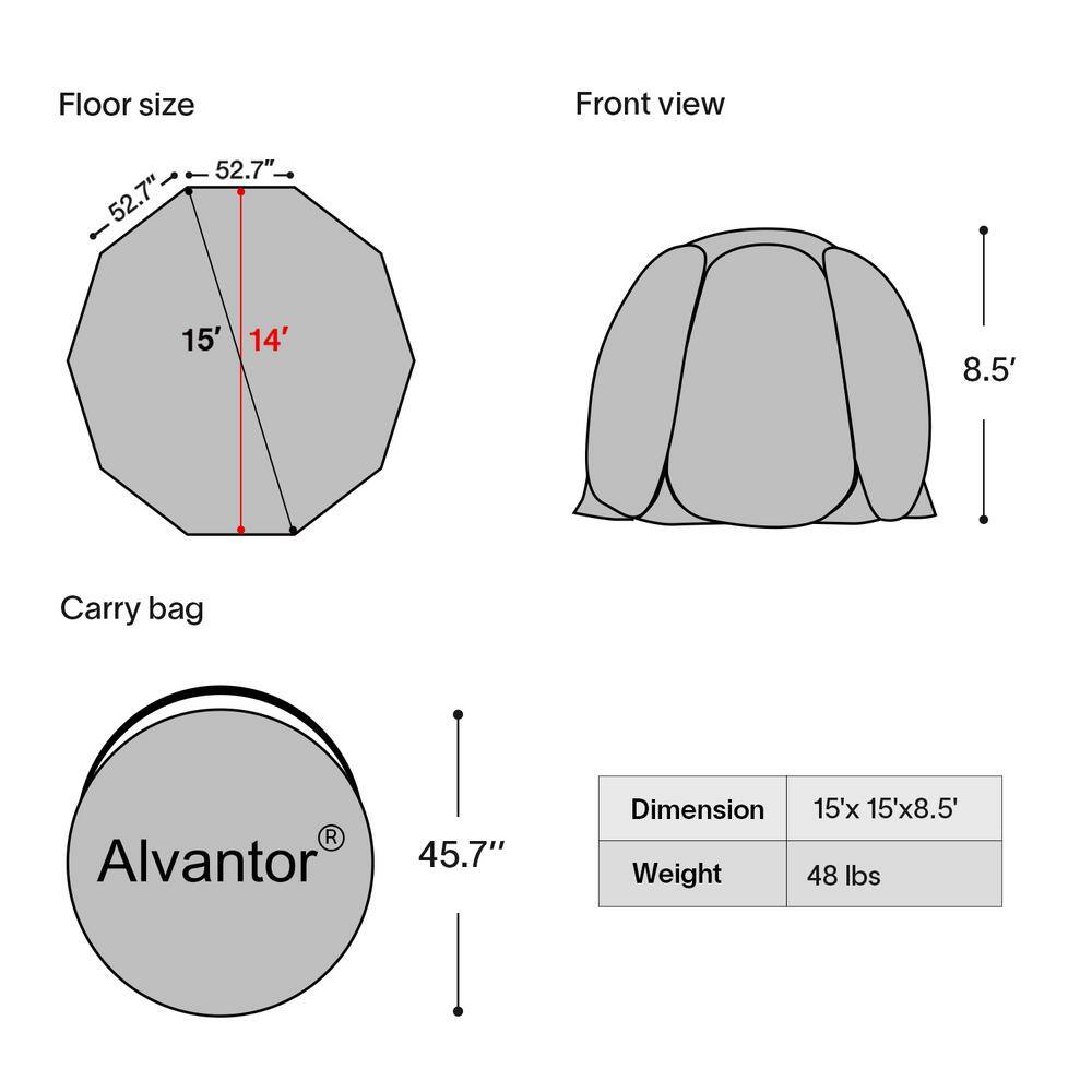 Alvantor 15 ft. x 15 ft. Beige Instant Pop Up Bubble Tent Screen House Weatherproof Cold Protection 360 View Camping Tent 9019#E10