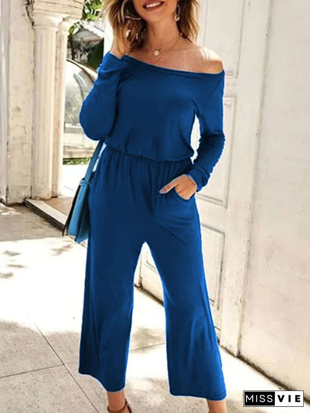 Plain Long Sleeve Off Shoulder Plus Size Casual Jumpsuits