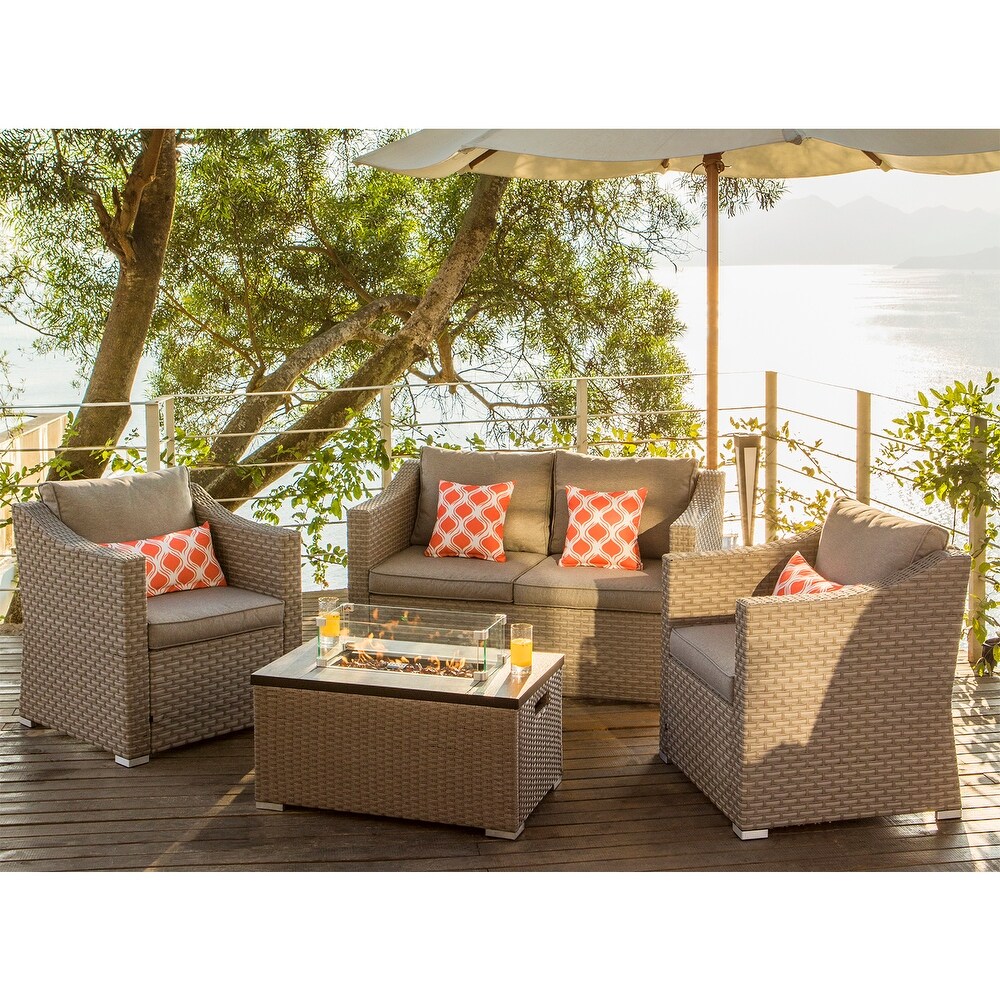 COSIEST Outdoor 4 Piece Patio Wicker Conversation Sofa with Fire Table Tank Outside