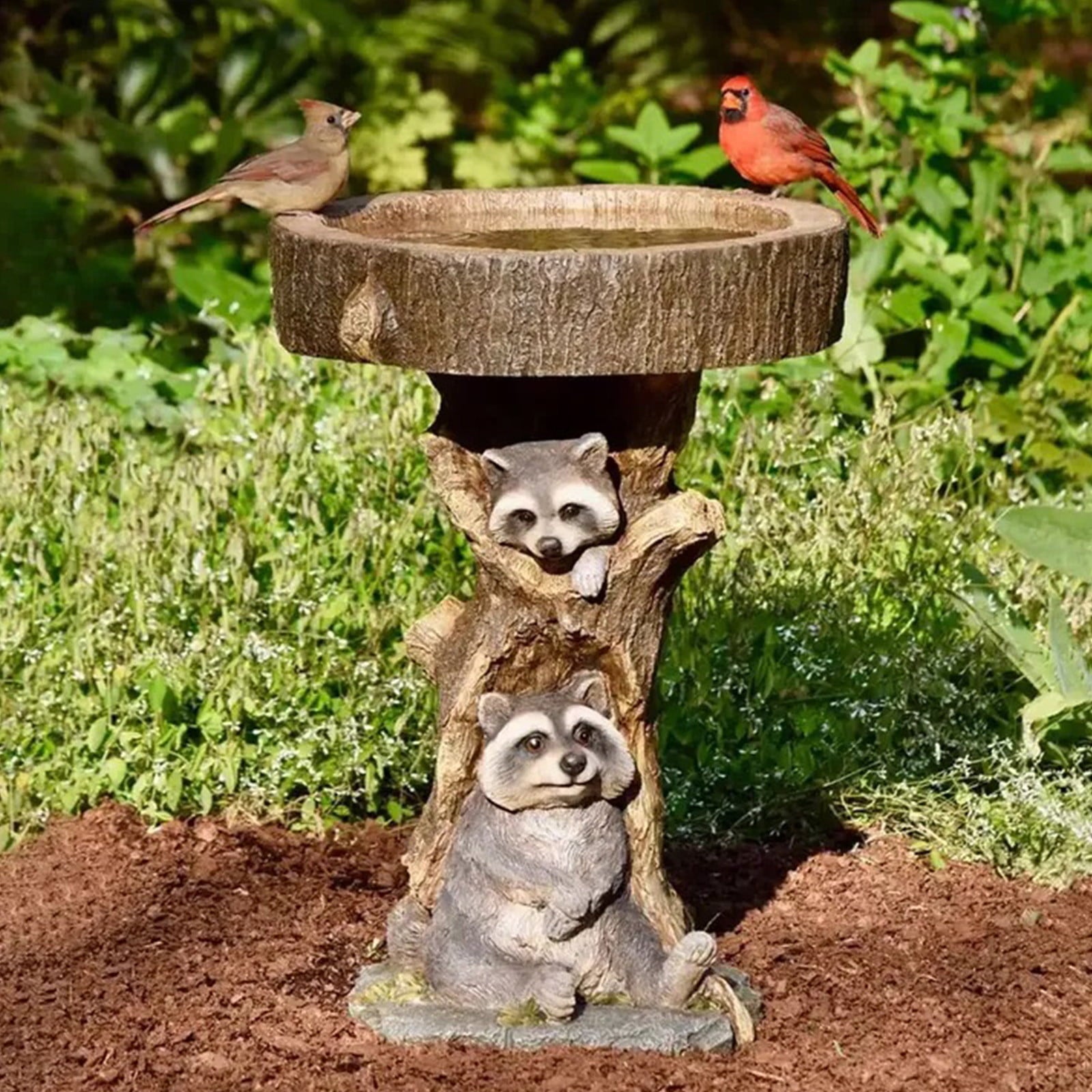 Fridja Brown Pedestal Bird Baths for Outdoors,Bird Water Feeder,Wood-Look Carved Resin Hummingbird Bath and Bird Feeder Tray Raccoon Stake Bird Water Bowl Outside for Garden