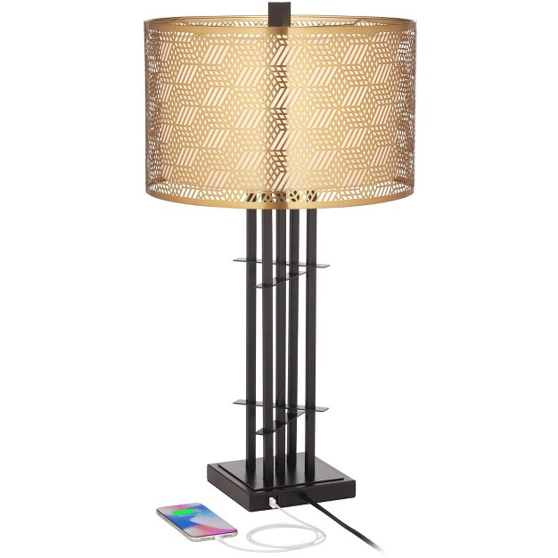 Tall Black With Usb Charging Port Gold Metal Double Drum Shades For Living Room Desk