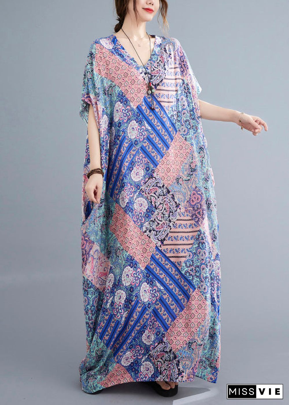 Pink Blue Patchwork Vacation Cotton Maxi Dresses Summer