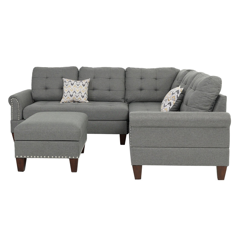 Poundex 3 Piece Fabric Sectional Sofa Set with Storage Ottoman in Gray