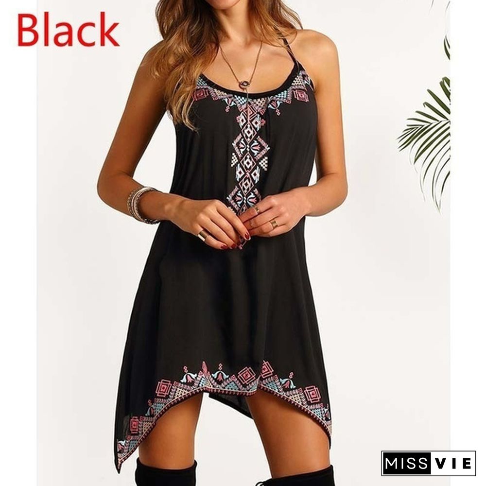 7 Colors Sleeveless Lace Up O-neck Floral Printed Women's Asymmetric Mini Dress (S-5XL)