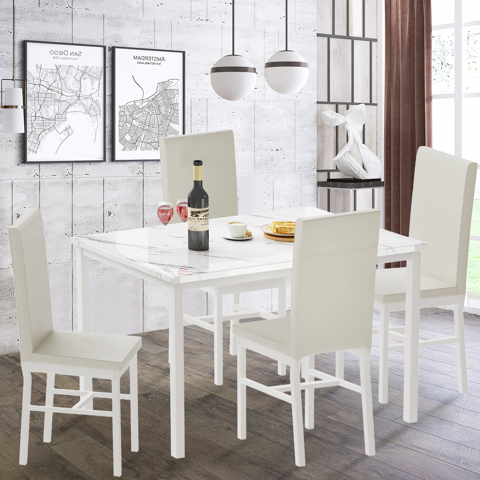 paproos Dining Table Set for 4, Modern 5-Piece Kitchen Table Set with Marble Top and Faux Leather Upholstery Chairs, Heavy Duty Dinette Sets for Breakfast Nook, Dining Room Table and Chairs, White