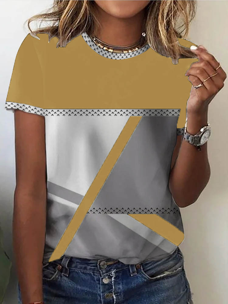 Round Neck Casual Loose Geometric Print Short-sleeved T-shirt