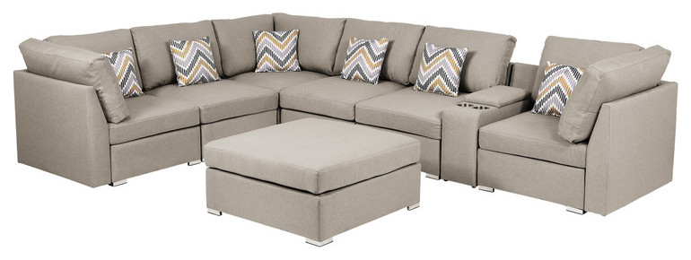 Amira Beige Fabric Reversible Sectional Sofa with USB Storage Console Cupholders   Contemporary   Sectional Sofas   by Morning Design Group  Inc  Houzz