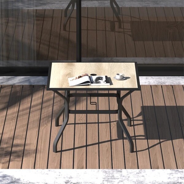 Outdoor Patio Dining Table Square Metal Table with Umbrella Hole and Wood Look Tabletop for Porch