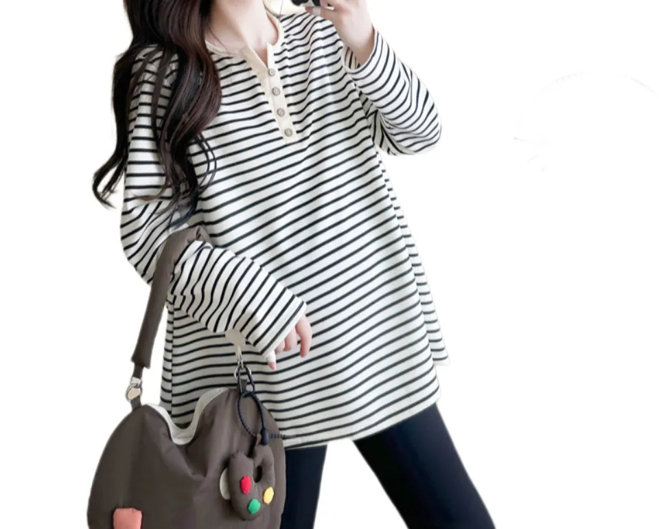 2024 Autumn Maternity Striped Long-Sleeve T-Shirt – Loose-Fit Plus-Size Base Layer