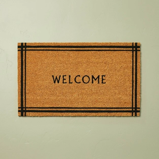 Border Stripe Welcome Coir Doormat Tan black With Magnolia