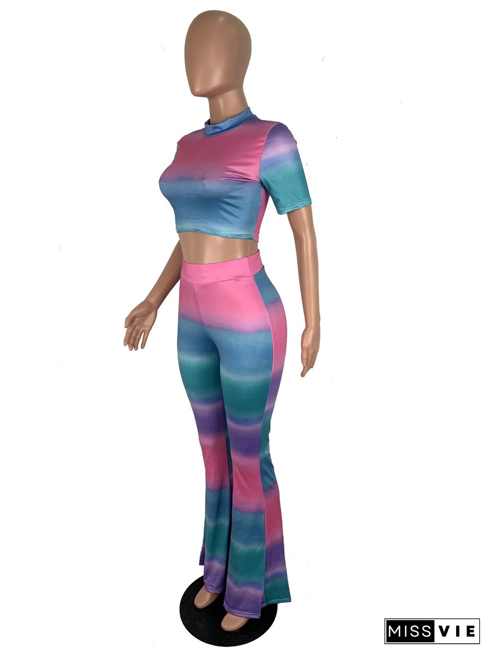 Gradient Tie Dye Print Crop Tops Flare Pants Two Piece Set