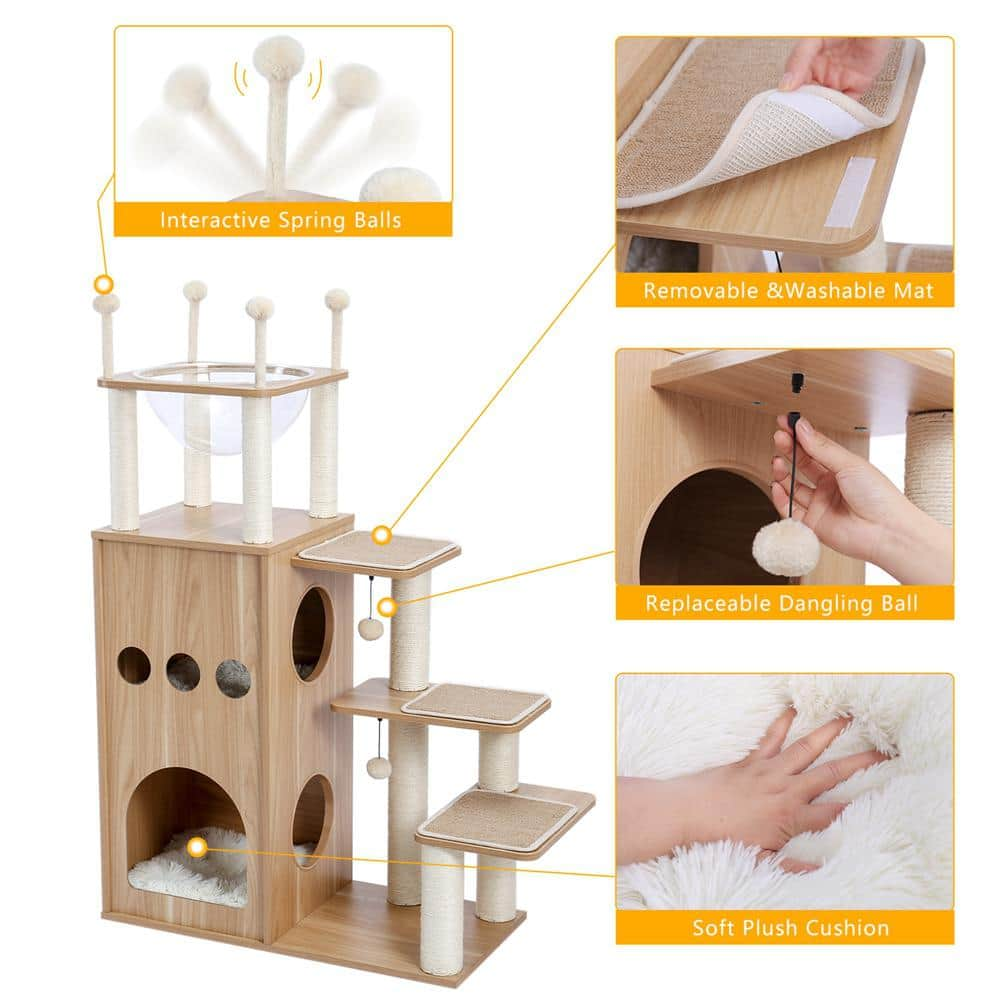 Foobrues 51.20 in. H Pet Cat Scratching Posts and Trees MDF Cat Tower with Fully Sisal Covering Scratching Posts in Beige LNN-P23168182