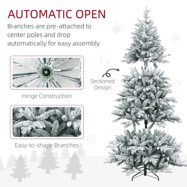 HOMCOM 6ft Snow Flocked Artificial Christmas Tree with 994 Tips，Foldable Metal Stand，Easy Assembly，Hinged Xmas Tree for Home