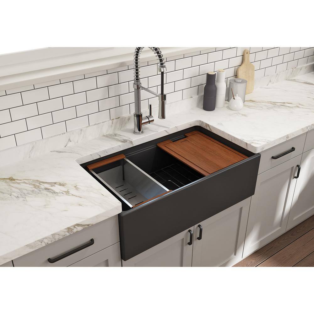 BOCCHI Step-Rim Matte Dark Gray Fireclay 33 in. Single Bowl Farmhouse Apron Front Workstation Kitchen Sink with Accessories 1504-020-0120