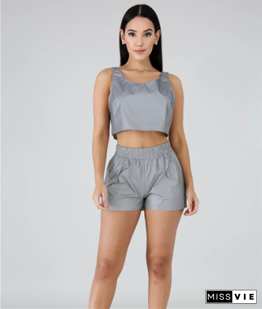 Reflective Sleeveless Crop Top Biker Shorts Sweat Suit