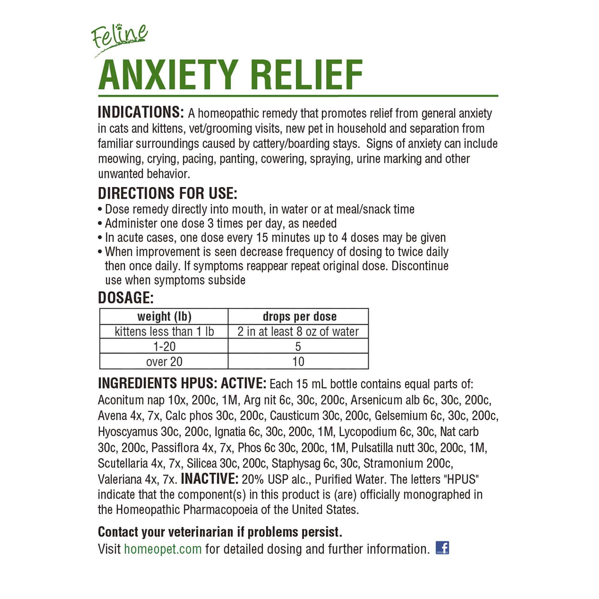 HomeoPet Feline Anxiety Relief for Cats， 0.51 oz.