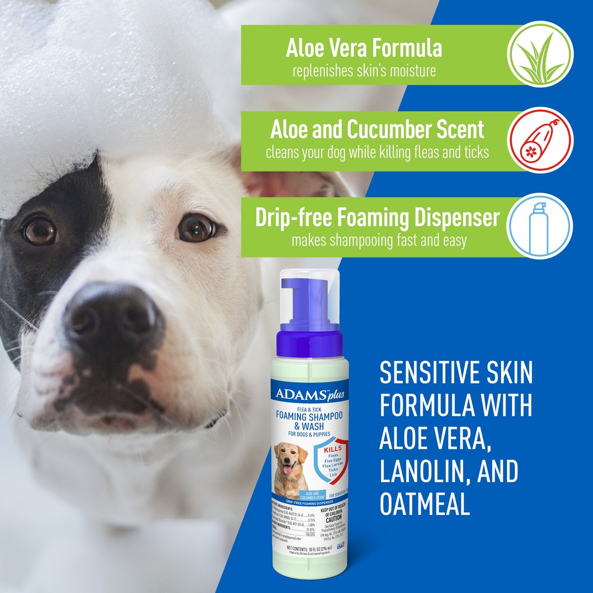 Adams Plus Flea and Tick Aloe and Cucumber Scent Sensitive Skin Foaming Dog Shampoo， 10-oz bottle