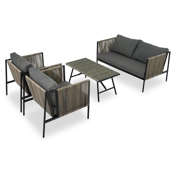 4Piece Outdoor Metal Frame Rope Conversation Sofa Set with Glass Table