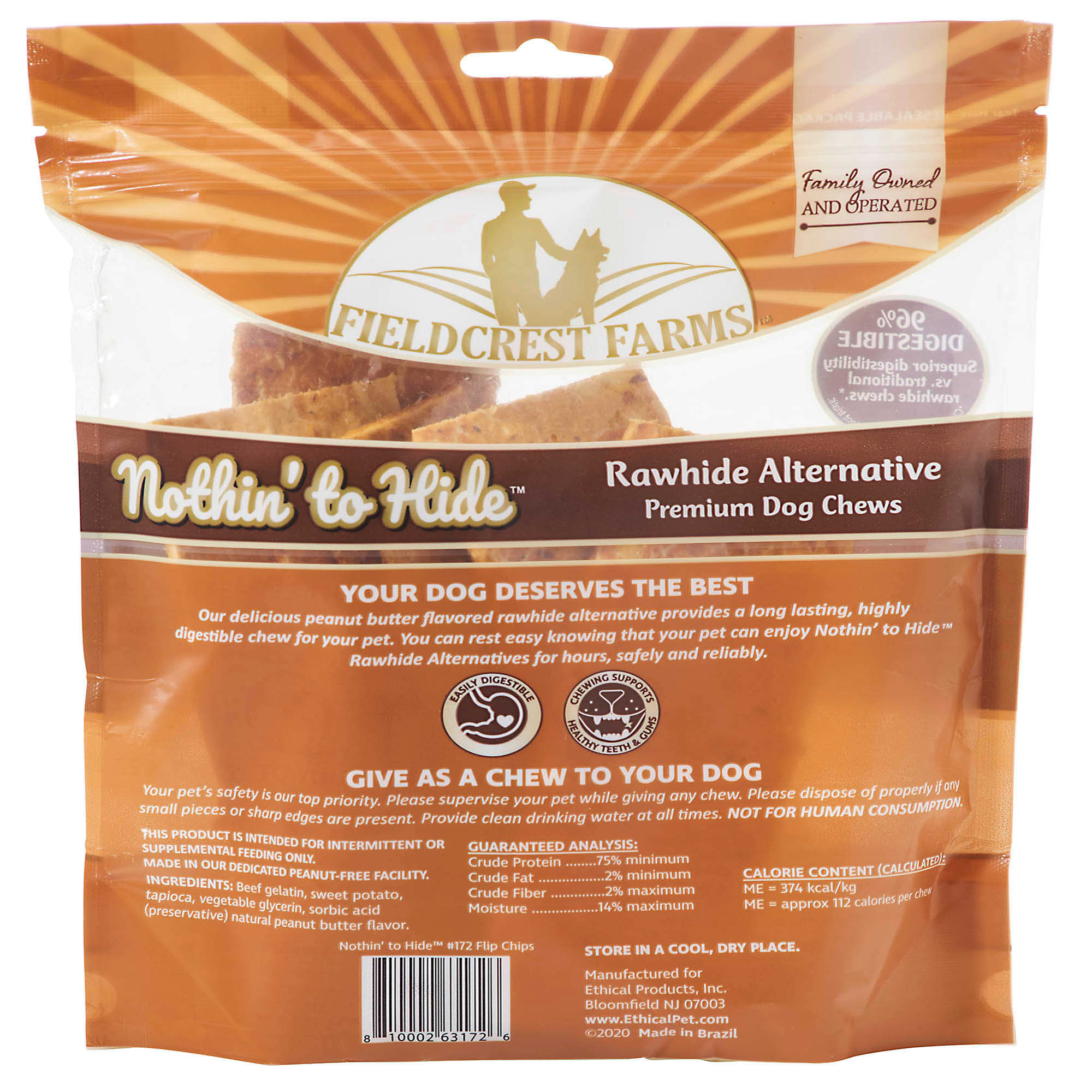 Fieldcrest Farms Nothin' to Hide Flip Chips Peanut Butter Flavored Dog Chew， 240 Gram， Count of 8