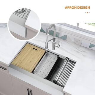 Glacier Bay Professional 33 in. FarmhouseApron-Front 16G Stainless Steel Single Bowl Workstation Kitchen Sink Spring Neck Faucet FSU1ZAS3321B1SA