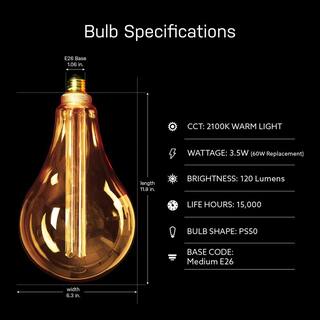 Feit Electric 25W Equivalent PS50 Dimmable Oversized Amber Glass Vintage Edison LED Light Bulb With Acrylic Filament Warm White 2100K PS50AYC820HDRP